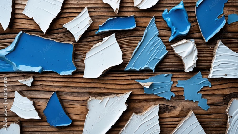 Poster blue and white ceramic shards on wooden surface high angle view with natural textures and lines copy