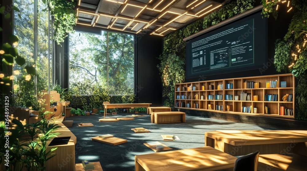Poster a metaverse education hub where users attend virtual lectures, access interactive learning materials