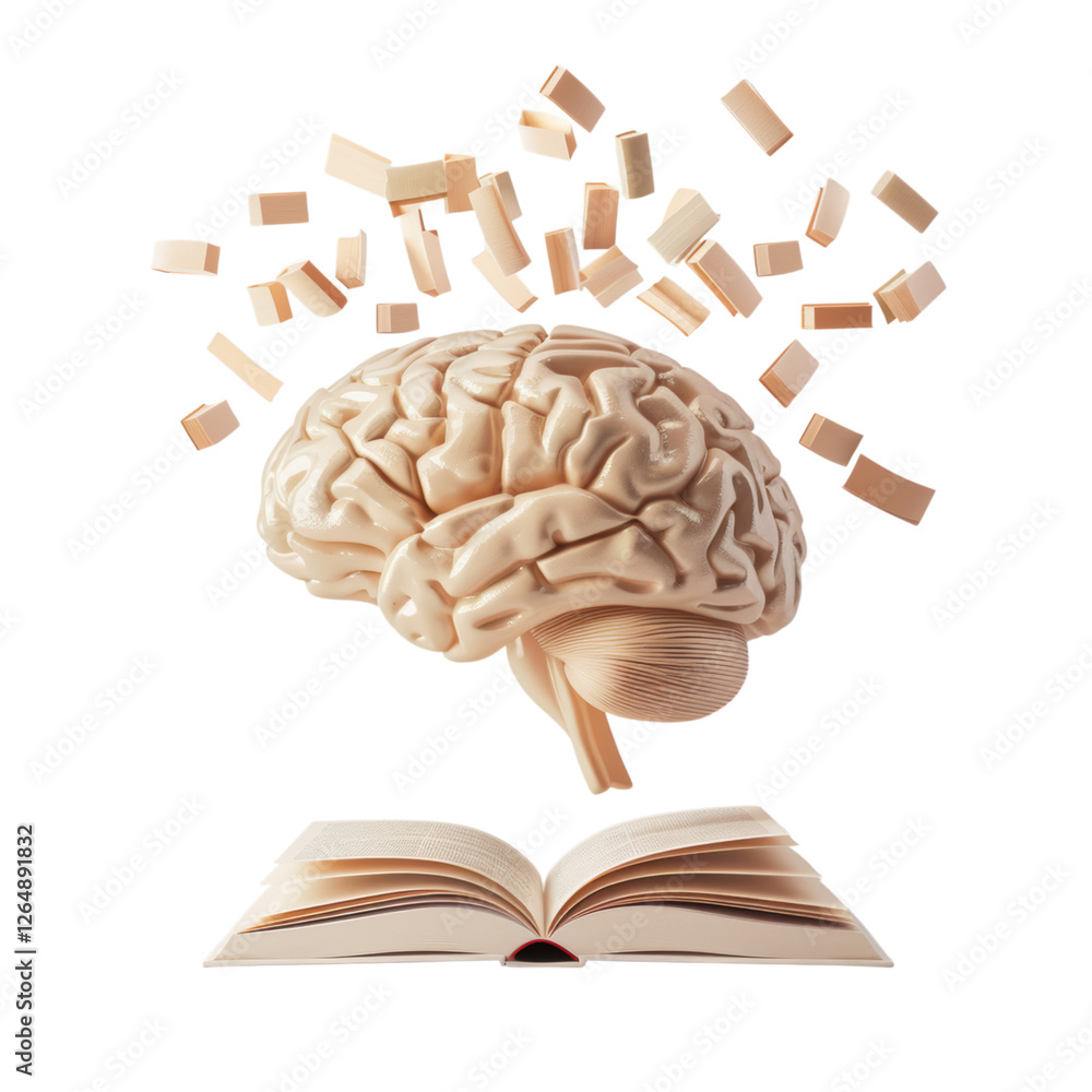 Aufkleber brain with book and floating text pieces above it. transparent background