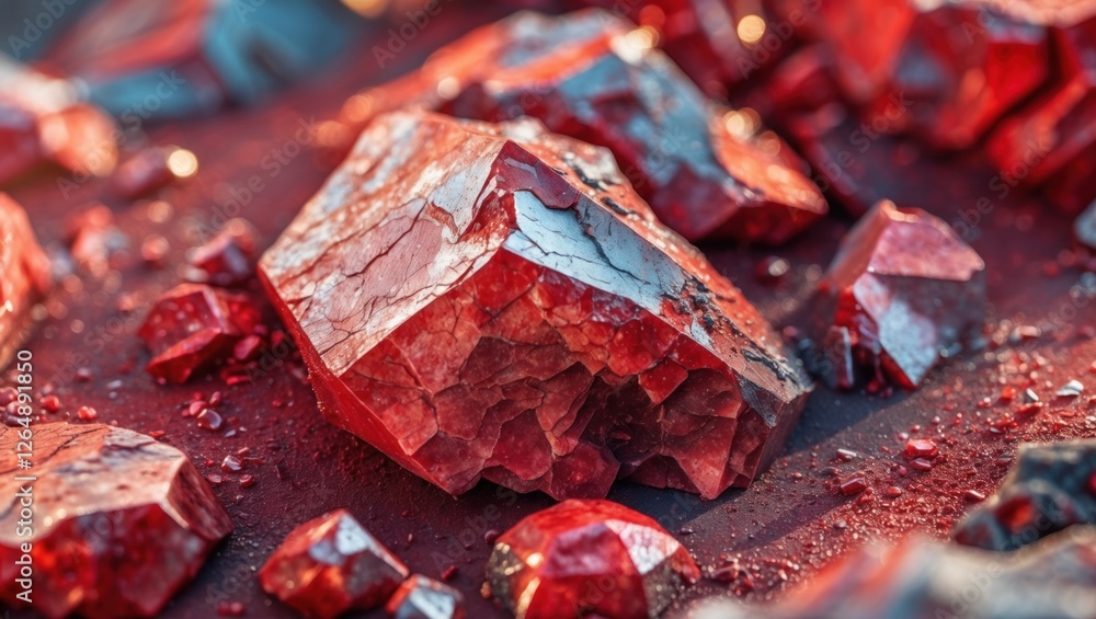 Poster close-up of vibrant red crystals with intricate texture and details on a mineral surface illuminated