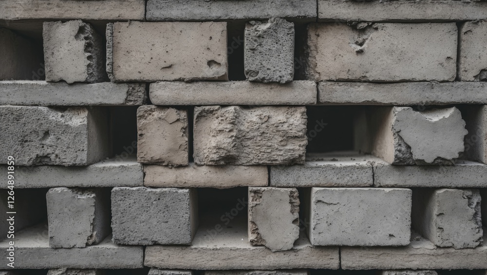 Poster close-up of textured brick wall with varying shades of grey and white bricks arranged in a unique pa
