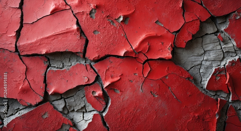Poster red cracked paint texture on wall providing a distressed and weathered appearance with copy space fo
