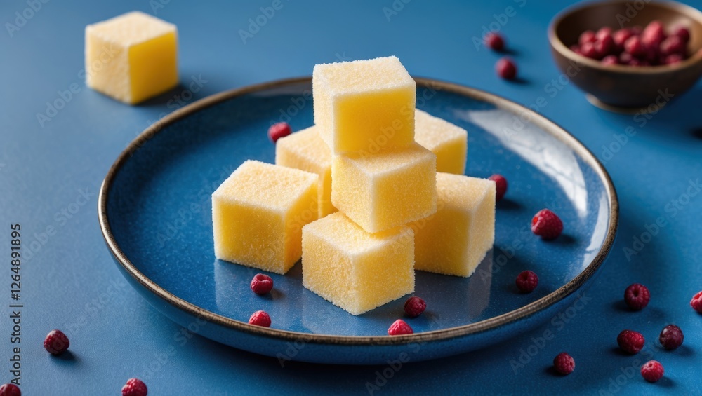 Aufkleber yellow gelatin dessert cubes stacked on a blue plate surrounded by red berries with a simple backgro