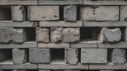 Close-up of textured brick wall with varying shades of grey and white bricks arranged in a unique pattern Copy Space