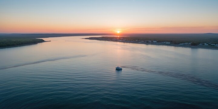 Sunset over calm river water with boat, reflecting sky colors, landscape view with distant shore and trees on horizon, Copy Space