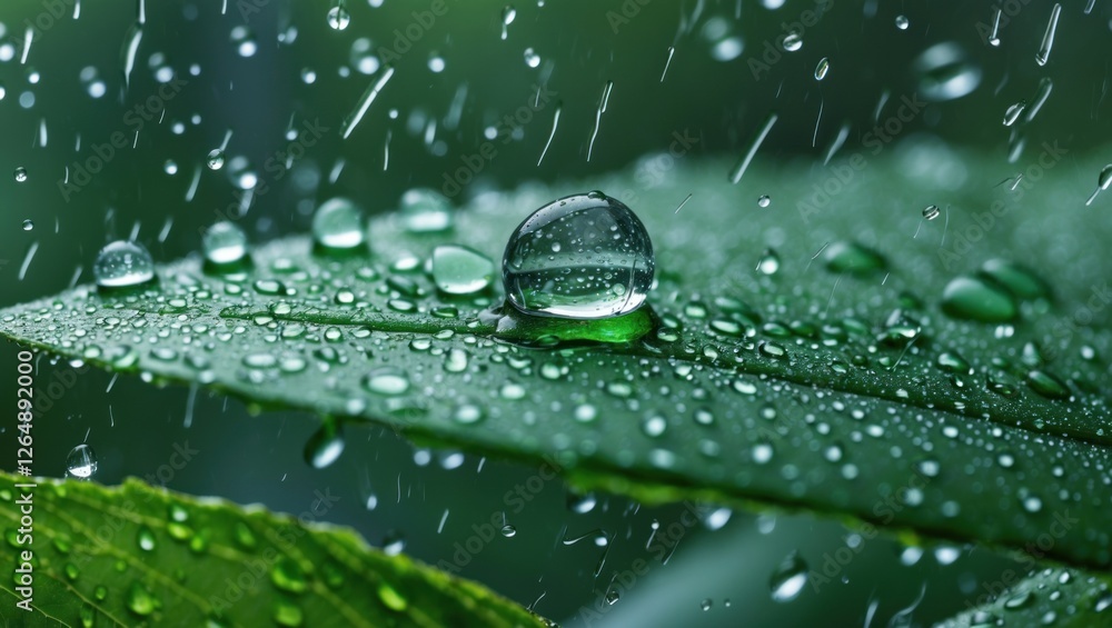 Poster close-up of water droplets on green leaf surface with blurred background and natural lighting, copy 