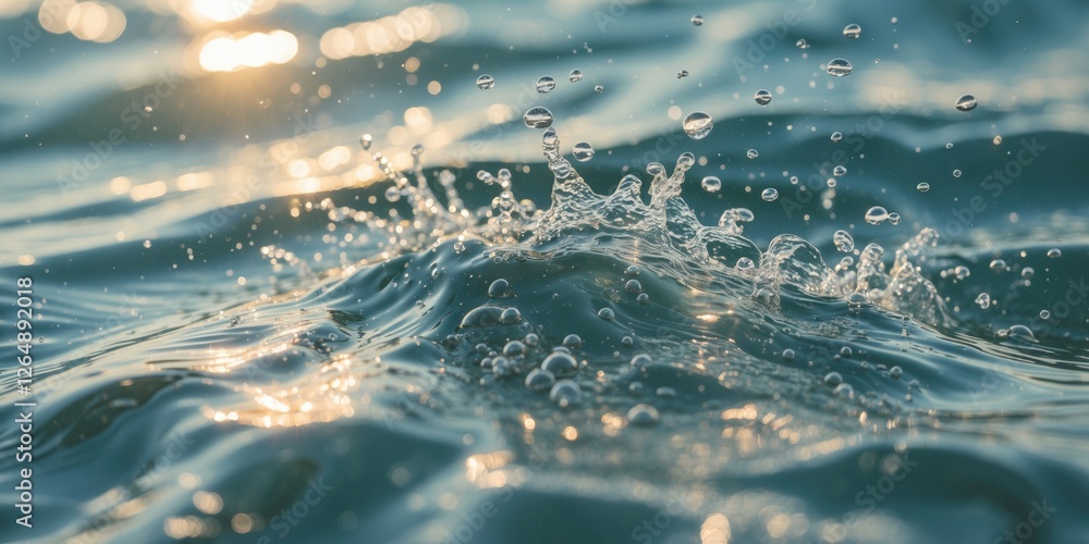 Poster close-up of water splashes and bubbles creating ripples on a reflective water surface with soft sunl