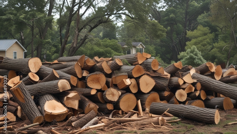 Aufkleber wood logs stacked in a pile on a rural site with trees and a house in the background displaying natu