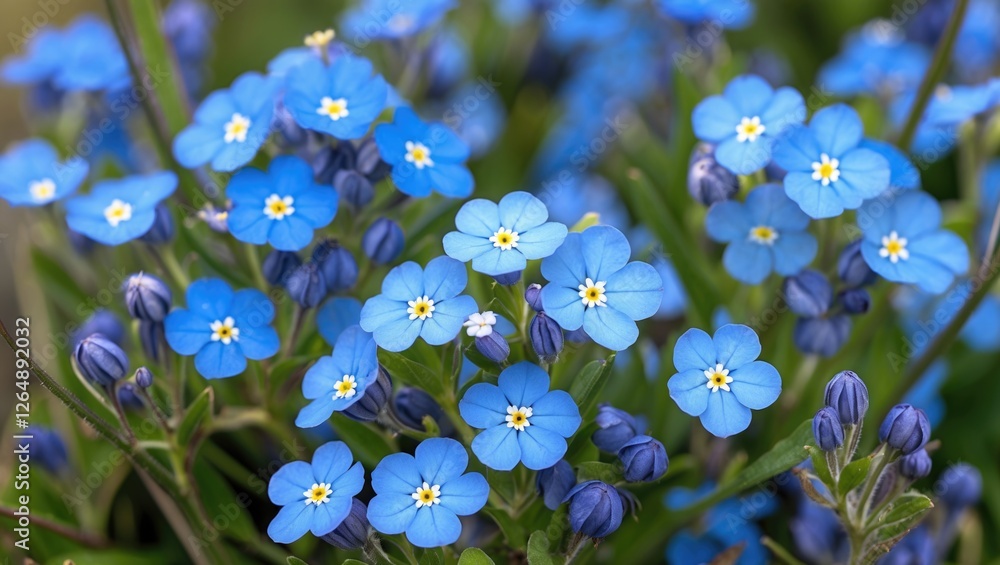 Poster blue forget-me-not flowers in full bloom with green foliage, close-up view with potential copy space