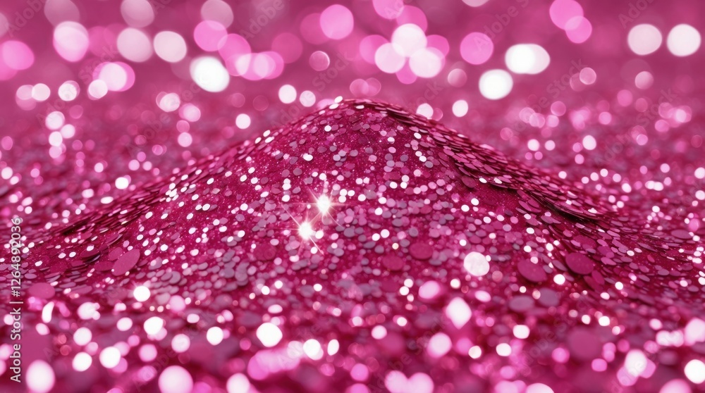 Poster Macro shot of a mound of pink glitter with bokeh effect in a sparkling background suitable for creative projects Copy Space
