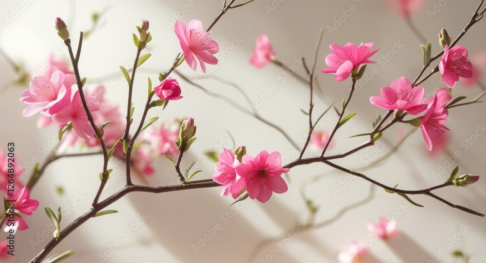 Poster pink cherry blossom branches against a soft background with shadows and ample copy space for text pl