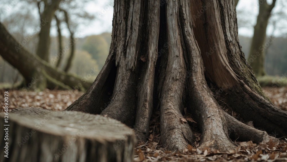 Poster Detailed view of tree trunk roots and stump surrounded by fallen leaves in a natural forest setting with soft blurred background Copy Space