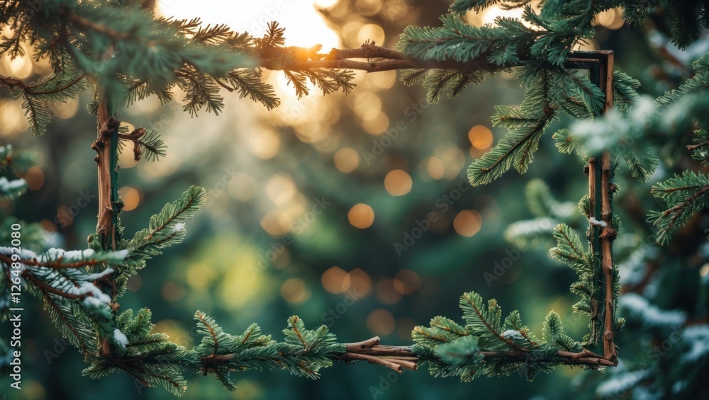 Aufkleber Natural wooden frame surrounded by snow-covered pine branches with blurred green background and soft golden bokeh light, Copy Space
