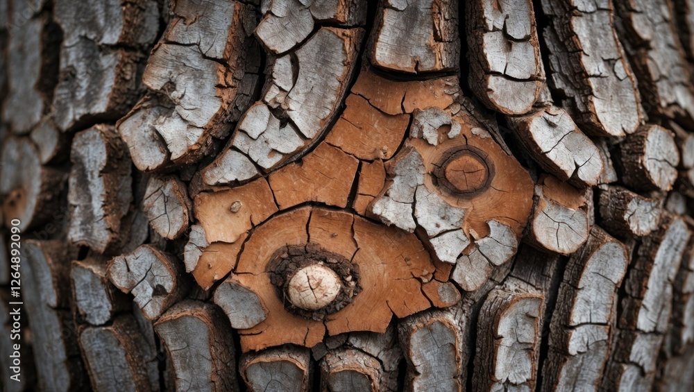 Poster Close-up of textured tree bark with rough cracks and patterns showcasing natural wood details and variations in color and texture. Copy Space