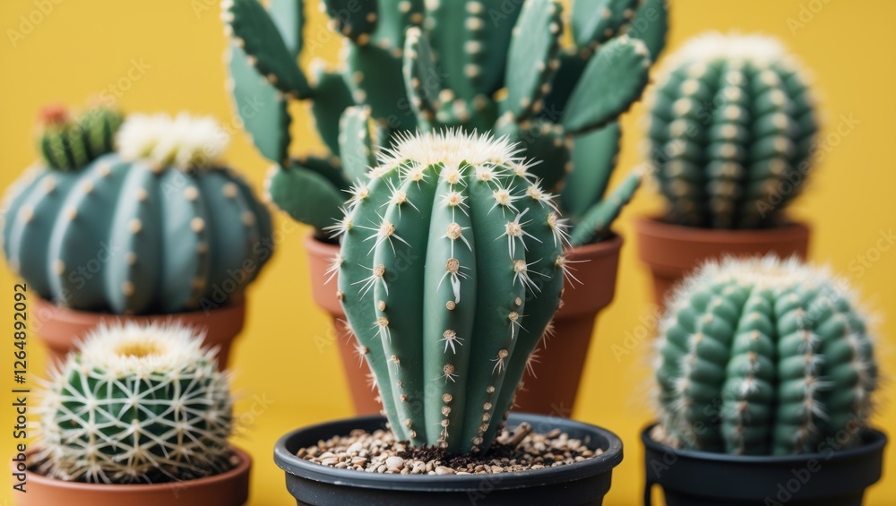 Poster variation of cacti in different pots with yellow background and clear focus on foreground cactus cop