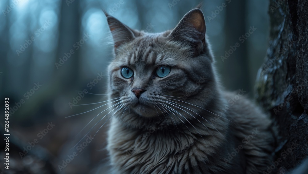 Poster Close-up of a furry cat with blue eyes in a dark forest setting with soft lighting and blurred background Copy Space