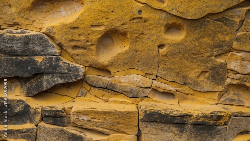 Poster Textured surface of weathered yellow rock with cracks and indentations suitable for background use and design purposes