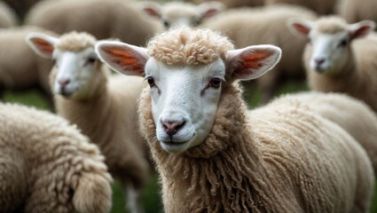 Obraz premium Close-up of a sheep's face with soft wool and expressive eyes surrounded by other sheep in a grassy field