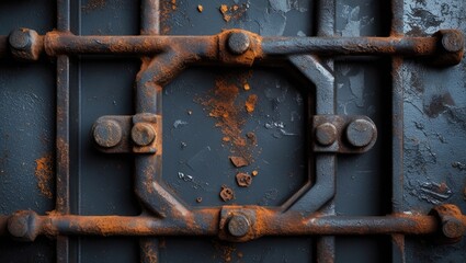 Rusty metal surface with industrial bolts and weathered paint showing signs of aging and corrosion, suitable for textured backgrounds, Copy Space.