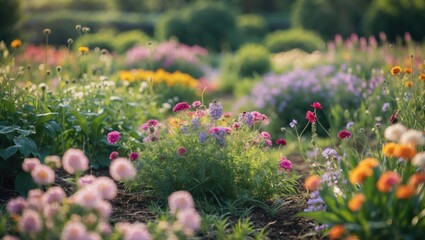 Colorful flower field with diverse blooms in soft focus creating a vibrant garden landscape during golden hour light Copy Space