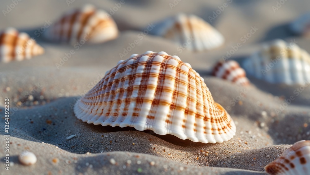 Poster close-up of a striped seashell on sandy beach with blurred background shells suitable for marine or 