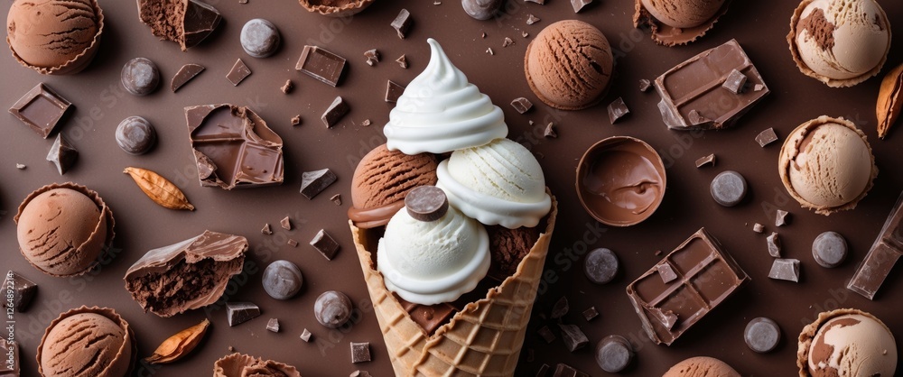 Poster chocolate ice cream cone with scoops and assorted chocolates on dark background with copy space