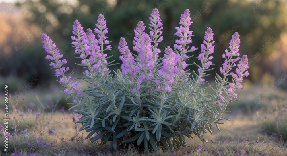 Poster purple flowering plant with dense cluster of blooms in natural setting with soft background and sunl
