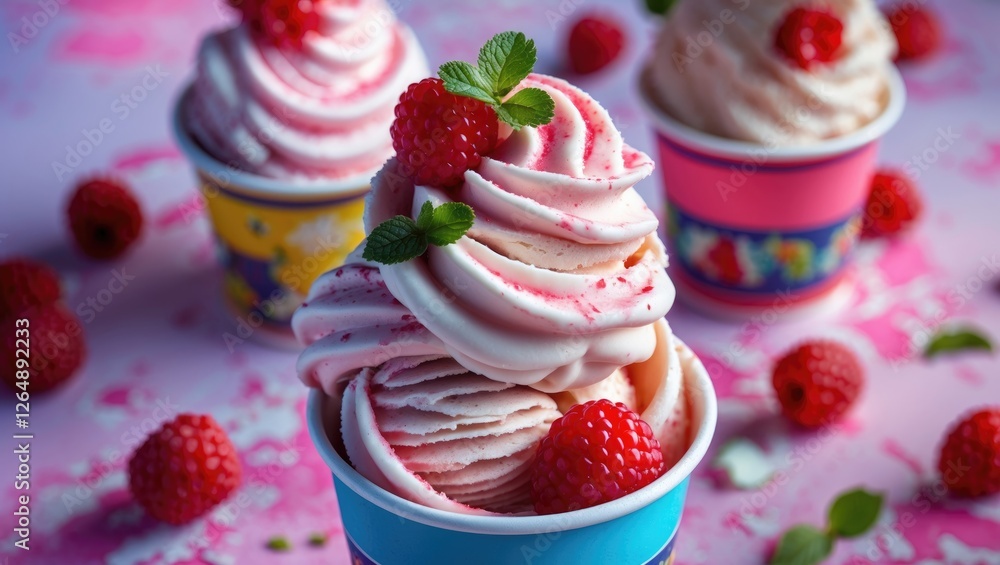 Poster colorful raspberry swirl soft serve ice cream in cups with fresh raspberries and mint leaves on pink