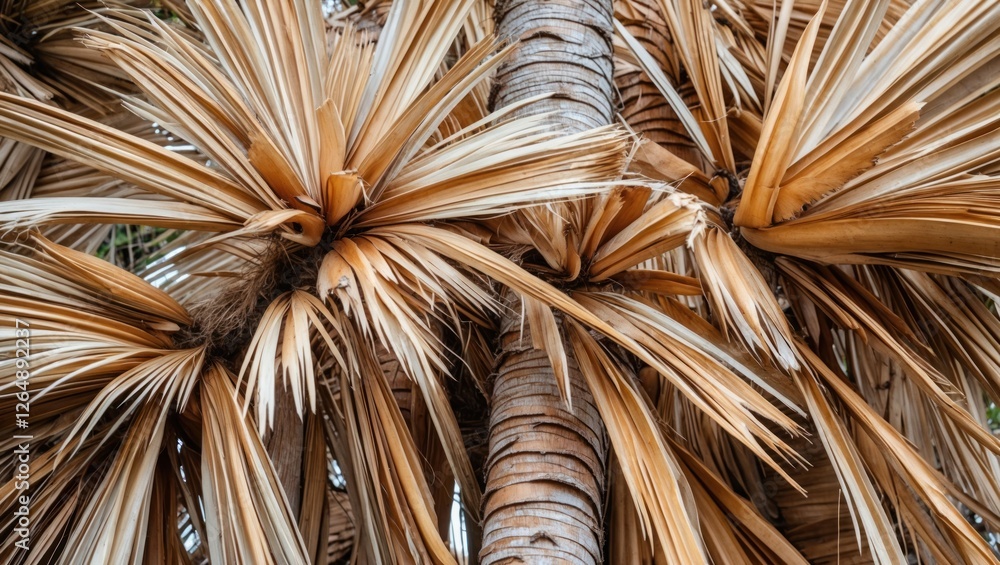 Poster close-up view of dry palm tree fronds with brown leaves and textured trunk in natural outdoor settin