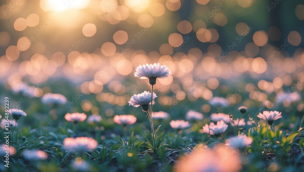 Poster Field of daisies with soft bokeh background during sunset natural lighting and colors featuring a single daisy in focus Copy Space