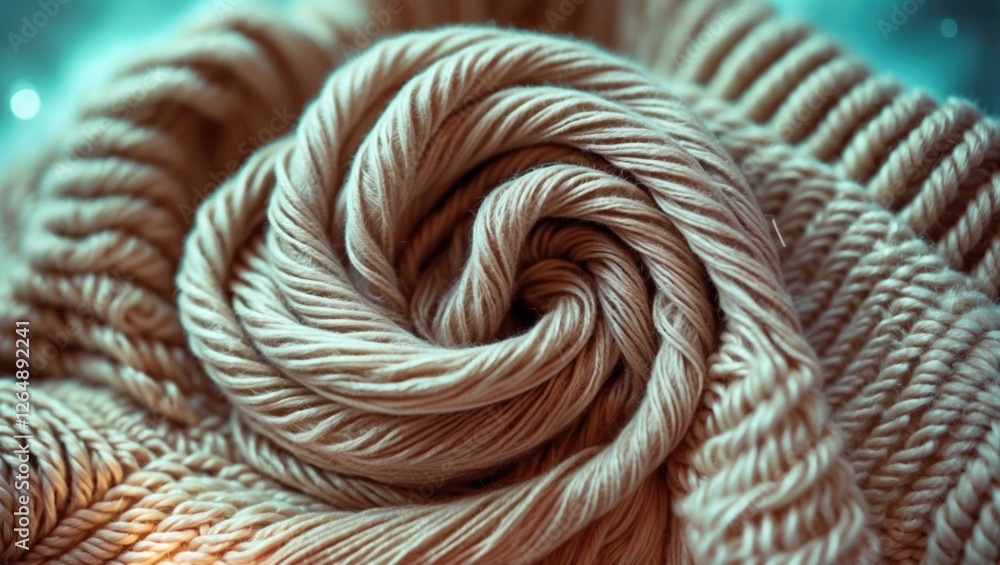 Poster close-up of intricately coiled soft yarn in light beige color with a textured background and smooth 