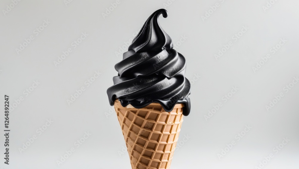 Poster black soft serve ice cream in a waffle cone on a plain background with copy space
