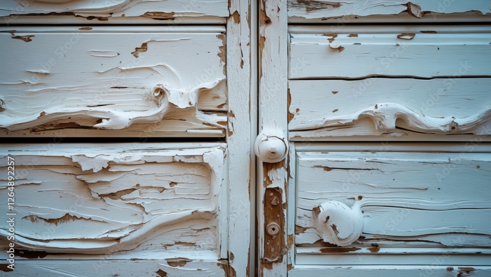 Poster close-up of weathered wooden door with peeling white paint and distressed texture, showing intricate