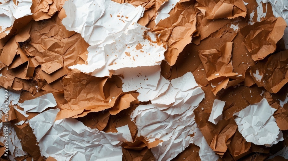 Poster crumpled and torn paper textures in white and brown tones background suitable for various creative p