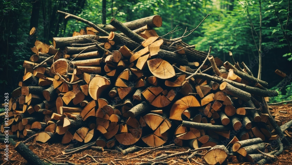 Poster stack of cut firewood logs in a forest setting surrounded by green foliage showcasing natural timber