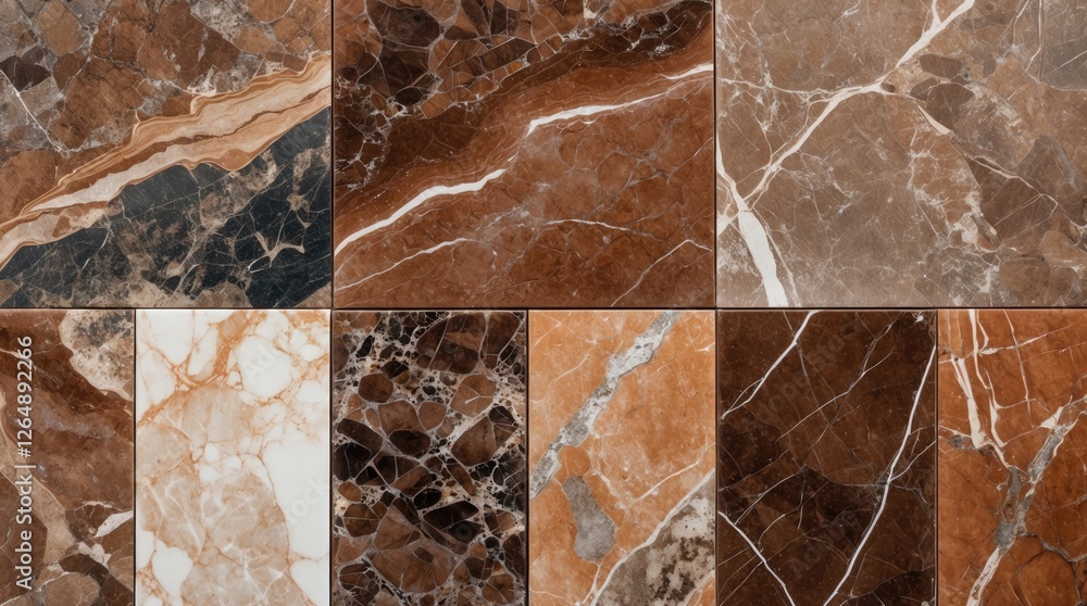Poster collection of different marble tiles in various shades of brown, cream, and black with intricate pat