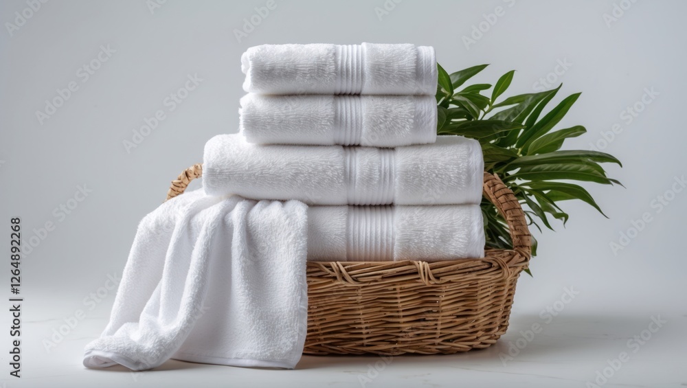 Poster stack of clean white towels in a wicker basket with green plant leaves against a neutral background 