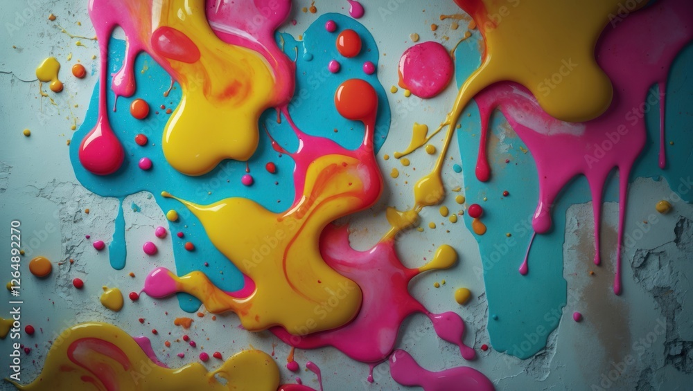 Poster colorful paint splashes on a textured surface creating an artistic background with vibrant yellow pi