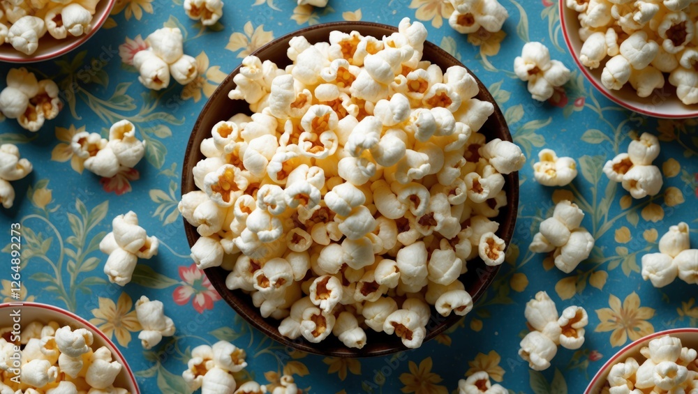 Poster Bowl of popcorn surrounded by scattered pieces on a floral patterned tablecloth with ample copy space for text