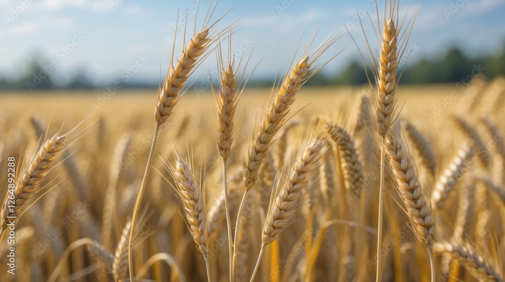 Poster Close-up of ripe wheat ears in a golden field with blue sky and soft clouds in the background Copy Space