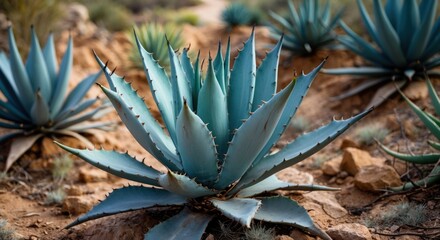 Obraz premium Agave plant in arid landscape showcasing sharp spines and distinctive blue-green leaves with blurred background and natural lighting. Copy Space