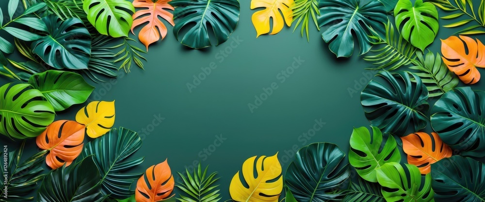 Poster tropical leaves arrangement with green background and colorful foliage on edges providing ample copy