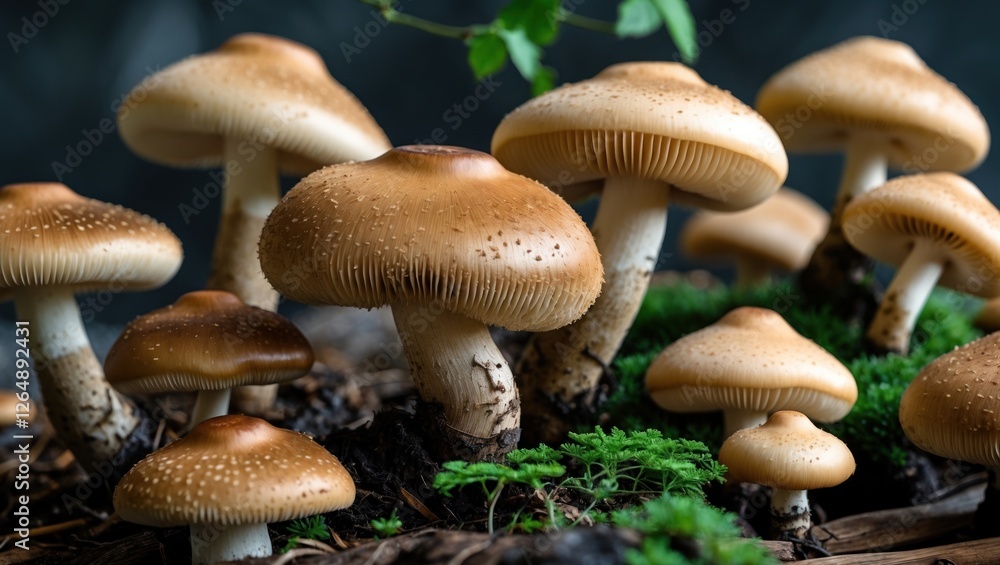 Poster mushrooms growing in natural habitat surrounded by green moss on a dark background suitable for bota
