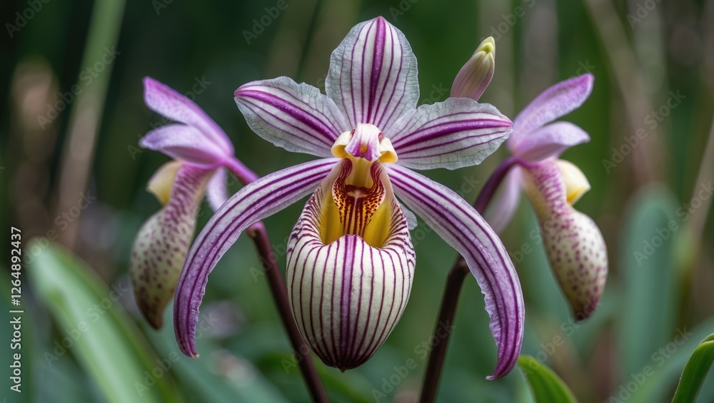 Poster close-up of a striped purple and white orchid flower with green foliage in background and copy space