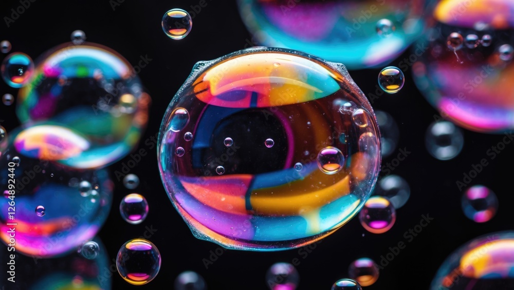 Poster colorful soap bubbles with rainbow reflections in dark background creating an abstract artistic comp