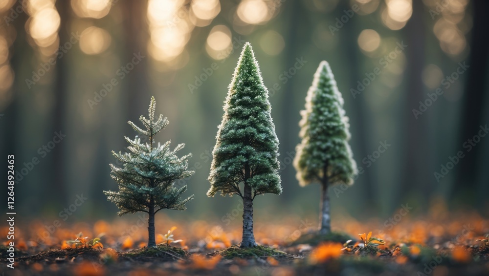 Poster Three artificial Christmas trees in a forest setting with blurred background and autumn leaves on the ground Copy Space