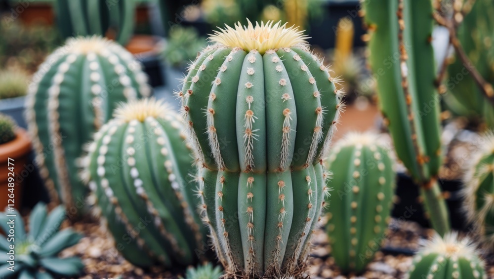 Poster cacti in a botanical garden environment with vibrant colors and textures showcasing their unique str