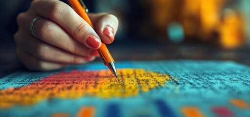 Naklejka premium Close-up of a Woman's Hand Writing on a Colorful Document