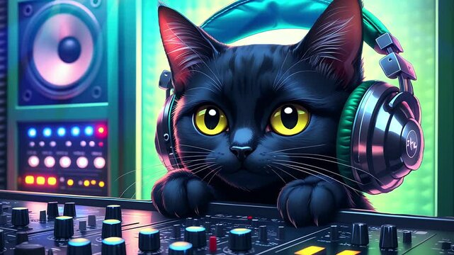 Cute black cat DJ with headphones in a neon club. Seamless looping time lapse animation video background  
