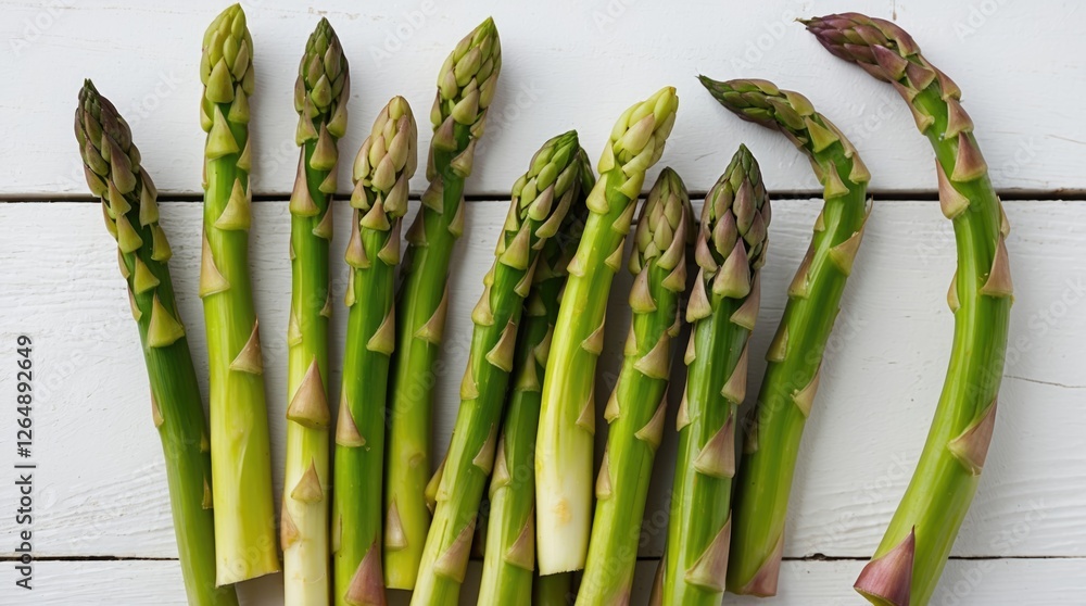 Poster fresh green asparagus stalks arranged neatly on a rustic wooden surface with light background and am